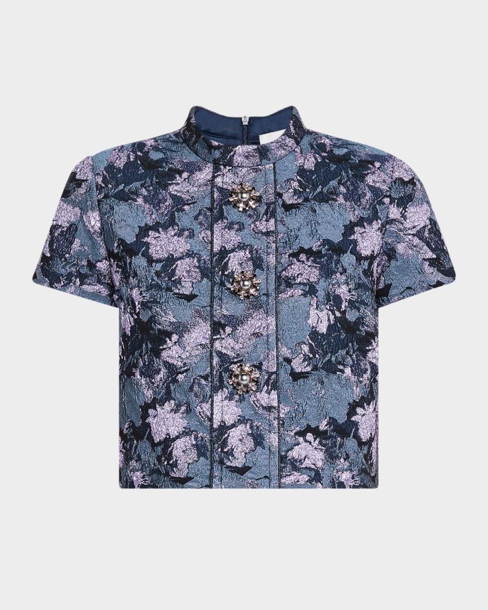 Floral Metallic Gaufre Short-Sleeve Crop Top